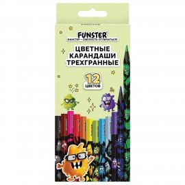 Карандаши цветные FUNSTER (ФАНСТЕР) МОНСТРИКИ, 12 цветов, черный корпус с принтом, трехгранные, 182065
