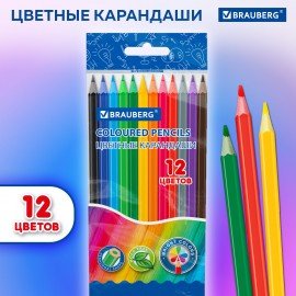 Карандаши цветные BRAUBERG, 12 цветов, цветной корпус, упаковка ПВХ бокс, шестигранные, 182067