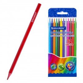 Карандаши цветные BRAUBERG, 12 цветов, цветной корпус, упаковка ПВХ бокс, шестигранные, 182067