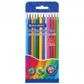 Карандаши цветные BRAUBERG, 12 цветов, цветной корпус, упаковка ПВХ бокс, шестигранные, 182067