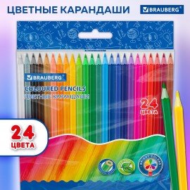 Карандаши цветные BRAUBERG, 24 цвета, цветной корпус, ПВХ бокс, шестигранные, 182068