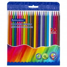 Карандаши цветные BRAUBERG, 24 цвета, цветной корпус, ПВХ бокс, шестигранные, 182068