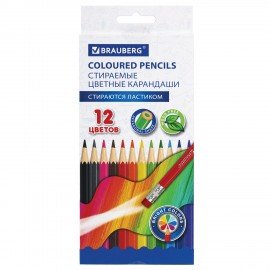 Карандаши цветные стираемые с ластиком BRAUBERG ERASABLE, 12 цветов, шестигранные, 182070