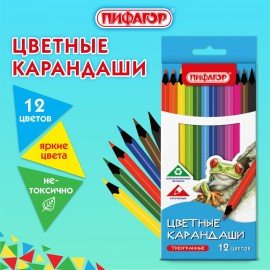 Карандаши цветные ПИФАГОР СТАНДАРТ 12 цветов, трехгранный корпус, 182087