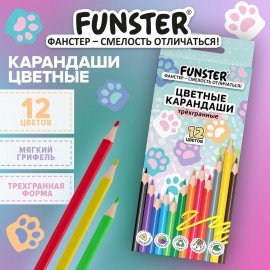 Карандаши цветные кросс-серия КОШАЧЬИ ЛАПКИ, 12 цветов, трехгранные, FUNSTER, 182146