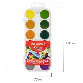 Краски акварельные BRAUBERG "МАГИЯ ЦВЕТА", 24 цвета, медовые, круглые кюветы, пластиковый пенал, 190554