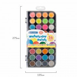 Краски акварельные BRAUBERG "PREMIUM" 36 цветов (12 базовых + 12 неоновых + 12 металлик) пенал, 191807