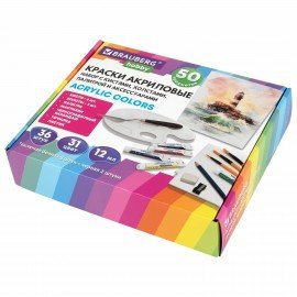 Краски акриловые художественные 36 шт. по 12 мл, холсты 3 шт., кисти 6 шт., аксессуары, 50 предметов, BRAUBERG HOBBY, 192545