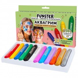 Аквагрим для лица и тела 12 цветов (10 классических+золото+серебро),10 трафаретов, FUNSTER, 192572
