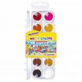 Краски акварельные ЮНЛАНДИЯ "ДОМИКИ" 12 цветов, круглые кюветы 28 мм, пенал, 192630