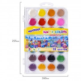 Краски акварельные ЮНЛАНДИЯ "ДОМИКИ" 28 цветов, круглые кюветы 28 мм, пенал, 192632