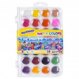 Краски акварельные ЮНЛАНДИЯ "ДОМИКИ" 28 цветов, круглые кюветы 28 мм, пенал, 192632