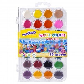 Краски акварельные ЮНЛАНДИЯ "ДОМИКИ" 28 цветов, круглые кюветы 28 мм, пенал, 192632