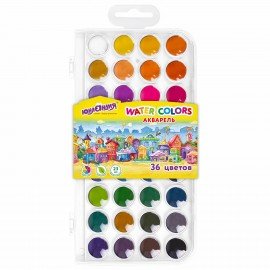 Краски акварельные ЮНЛАНДИЯ "ДОМИКИ" 36 цветов, круглые кюветы 23 мм, пенал, 192633