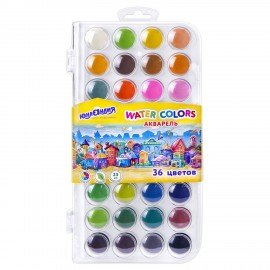 Краски акварельные ЮНЛАНДИЯ "ДОМИКИ" 36 цветов, круглые кюветы 23 мм, пенал, 192633