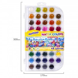 Краски акварельные ЮНЛАНДИЯ "ДОМИКИ" 48 цветов, круглые кюветы 23 мм, пенал, 192634