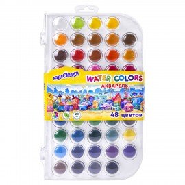 Краски акварельные ЮНЛАНДИЯ "ДОМИКИ" 48 цветов, круглые кюветы 23 мм, пенал, 192634