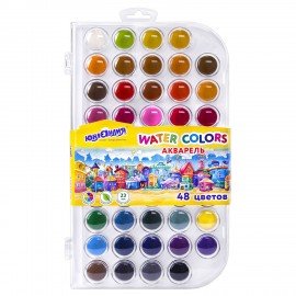 Краски акварельные ЮНЛАНДИЯ "ДОМИКИ" 48 цветов, круглые кюветы 23 мм, пенал, 192634