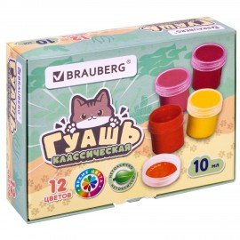 Гуашь BRAUBERG "МИЛЫЕ КОТЫ", 12 цветов по 10 мл, 192640