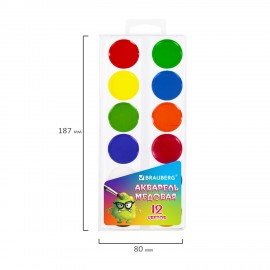 Краски акварельные BRAUBERG "МОНСТРИКИ", медовые, 12 цветов, круглые кюветы, 192641