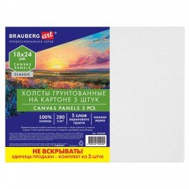 Холсты на картоне НАБОР 5 штук (18*24 см), хлопок, 280 г/м2, грунт, BRAUBERG ART CLASSIC, 192649
