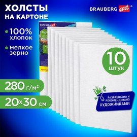 Холсты на картоне НАБОР 10 штук (20*30 см), хлопок, грунт, 280 г/м2, BRAUBERG ART CLASSIC, 192659, 192658
