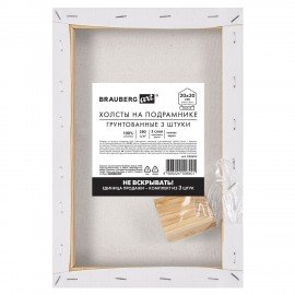 Холсты на подрамнике, набор 3 штуки BRAUBERG ART BASIC 20*30 см, 280 г/м2, хлопок, грунт, 192676