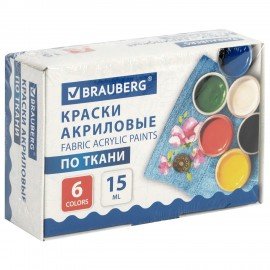 Краски акриловые по ткани 6 цветов по 15 мл, BRAUBERG, 192690
