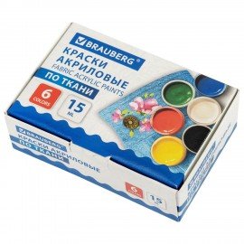 Краски акриловые по ткани 6 цветов по 15 мл, BRAUBERG, 192690