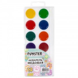 Краски акварельные FUNSTER "КОШАЧЬИ ЛАПКИ", 12 цветов, круглые кюветы, пластиковый пенал с европодвесом, 192741