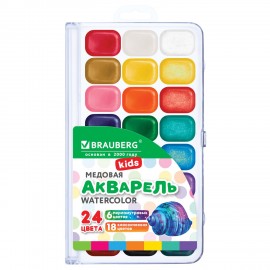 Краски акварельные BRAUBERG "KIDS NEW", медовые, 24 цвета (18 базовых + 6 перламутровых), квадратные кюветы, пластиковый пенал, 192798