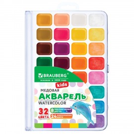 Краски акварельные BRAUBERG "KIDS NEW", медовые, 32 цвета (24 базовых + 8 перламутровых), квадратные кюветы, пластиковый пенал, 192799