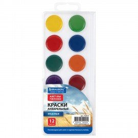 Краски акварельные BRAUBERG "ART ПЕЙЗАЖ", медовые, 12 цветов, круглые кюветы, пластиковый пенал с европодвесом, 192814