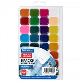 Краски акварельные BRAUBERG "ART ПЕЙЗАЖ", медовые, 32 цвета, круглые кюветы, пластиковый пенал с европодвесом, 192815, 192816