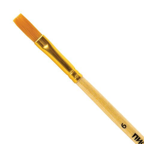 Кисть ПИФАГОР, СИНТЕТИКА, плоская, № 6, деревянная лакированная ручка, с колпачком, пакет с подвесом, 200859
