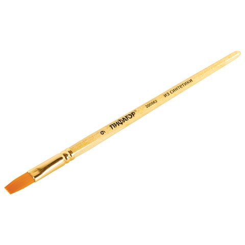 Кисть ПИФАГОР, СИНТЕТИКА, плоская, № 9, деревянная лакированная ручка, с колпачком, пакет с подвесом, 200862