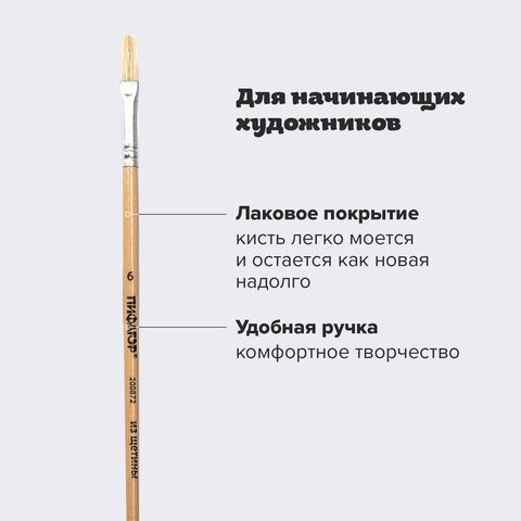 Кисть ПИФАГОР, ЩЕТИНА, плоская, № 6, деревянная лакированная ручка, пакет с подвесом, 200872
