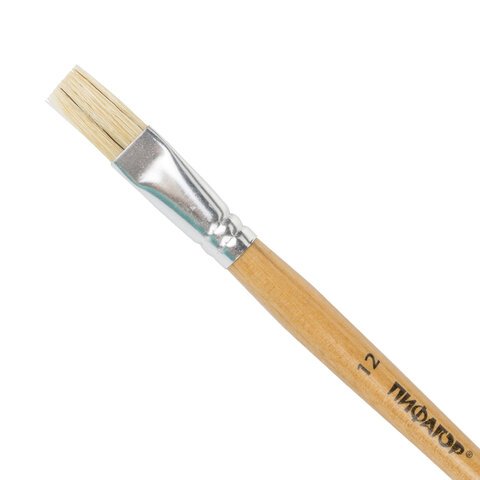 Кисть ПИФАГОР, ЩЕТИНА, плоская, № 12, деревянная лакированная ручка, пакет с подвесом, 200875