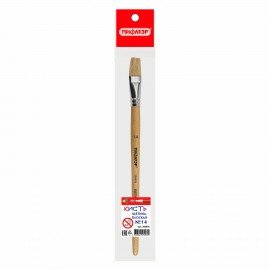 Кисть ПИФАГОР, ЩЕТИНА, плоская, № 14, деревянная лакированная ручка, пакет с подвесом, 200876