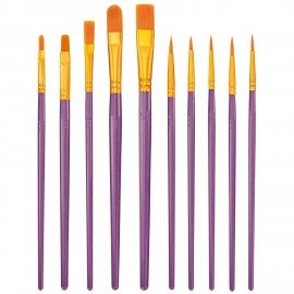 Кисти набор 10 шт., синтетика, фиолетовые, № 2/0-8, (Круглые; Овальные; Плоские; Лайнеры),WBZ, 201086