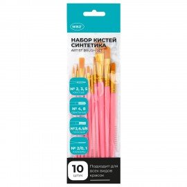 Кисти набор 10 шт., синтетика, розовые, № 2/0-8, (Круглые; Овальные; Плоские; Лайнеры),WBZ, 201088