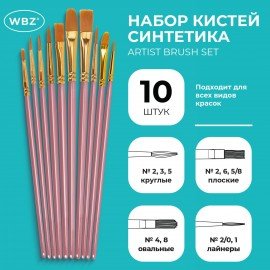 Кисти набор 10 шт., синтетика, розовые, № 2/0-8, (Круглые; Овальные; Плоские; Лайнеры),WBZ, 201088