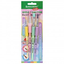 Кисти c EVA вставкой НАБОР 4шт. (синтетика круглые 4,8,12; плоская №10),блистер BRAUBERG KIDS, 201095