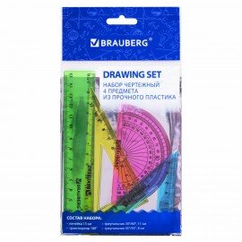 Набор чертежный малый BRAUBERG "Crystal" (линейка 15 см, 2 угольника, транспортир), цветной, 210295