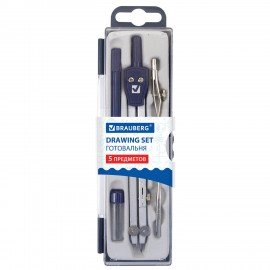 Готовальня BRAUBERG "Student Oxford", 5 предметов: циркуль 140 мм, 2 вставки, держатель, грифель, 210337