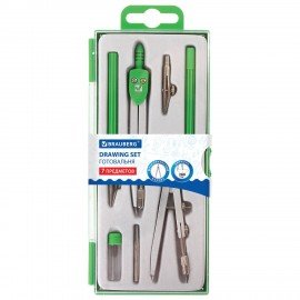 Готовальня BRAUBERG "Klasse", 7 предметов: циркуль+кронциркуль, рейсфедер + держатель, 2 вставки, грифель, 210344