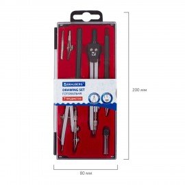 Готовальня BRAUBERG "Architect", 7 предметов: циркуль + кронциркуль с рейсфедором, рейсфедер + держатель, 2 вставки, грифель, 210346