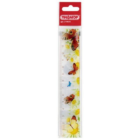 Линейка пластиковая 15 см, ПИФАГОР "Бабочки", цветная печать, с волнистым краем, европодвес, 210635