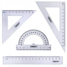Набор чертежный ПИФАГОР (линейка 16 см, 2 треугольника, транспортир), прозрачный, европодвес, 210850