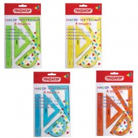 Набор чертежный ПИФАГОР (линейка 16 см, 2 треугольника, транспортир), неоновый, прозрачный, ассорти, 210851